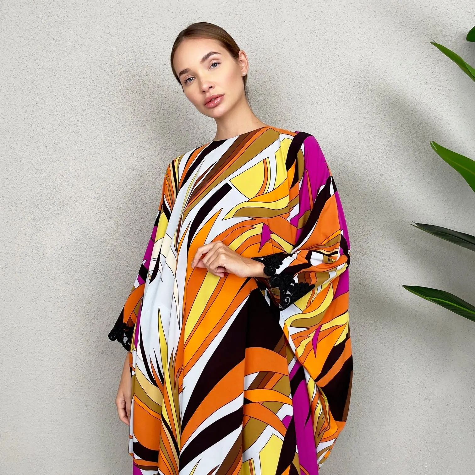 RAM23 LOLA ORANGE 70S PRINT  CREPE KAFTAN