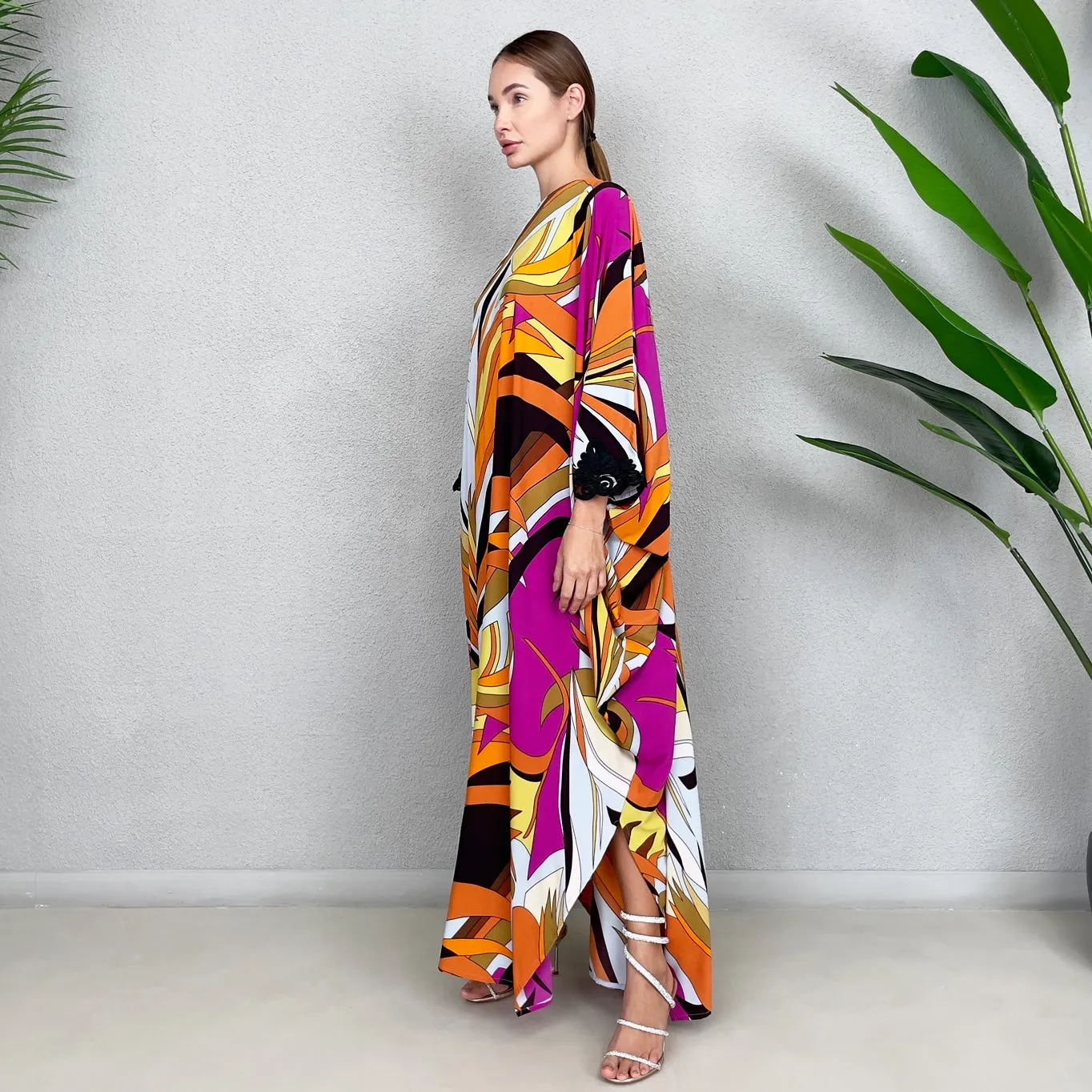 RAM23 LOLA ORANGE 70S PRINT  CREPE KAFTAN