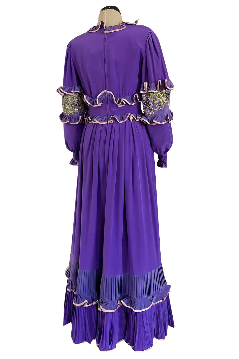 Rare 1960s Tiziani Couture by Karl Lagerfeld Purple Silk Dress w Intricate Hand Beading
