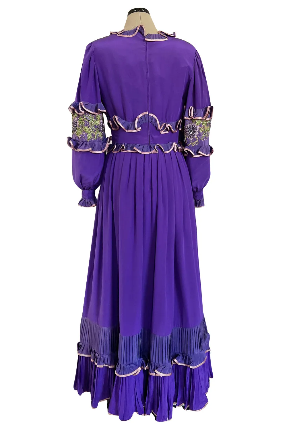 Rare 1960s Tiziani Couture by Karl Lagerfeld Purple Silk Dress w Intricate Hand Beading
