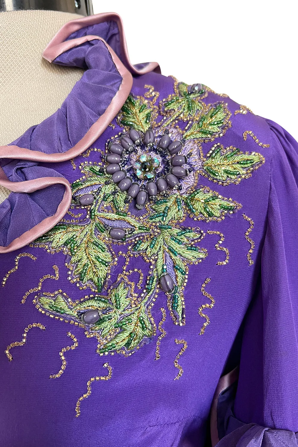 Rare 1960s Tiziani Couture by Karl Lagerfeld Purple Silk Dress w Intricate Hand Beading