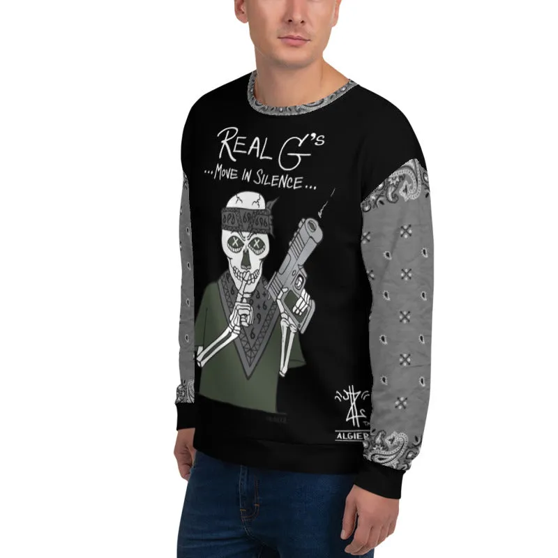 Real G's Move In Silence, Crewneck Sweatshirt with Bandana Sleeves, Black REMIX