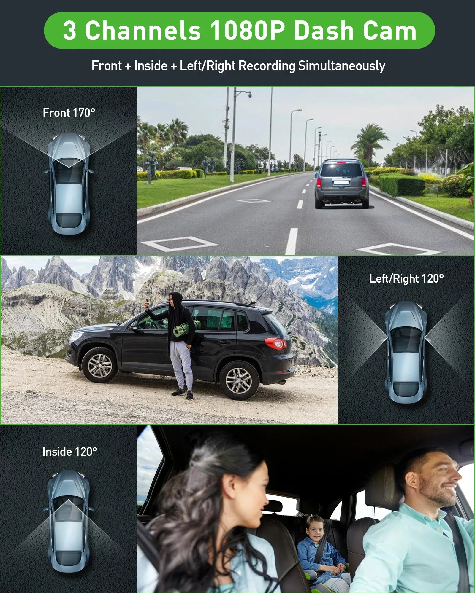 Rear View 3-Channel Dash Cam  - 24H Parking DVR