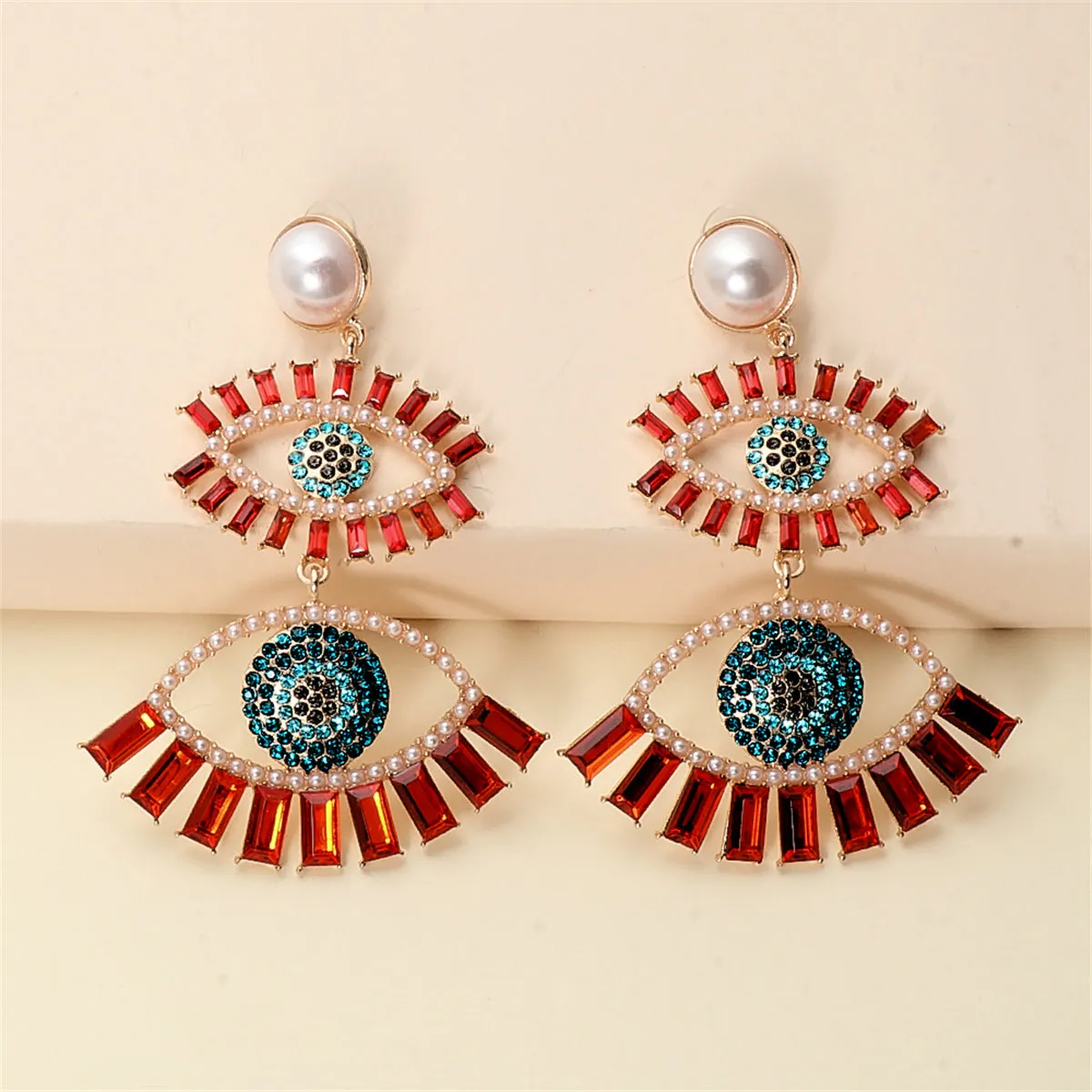 Red Crystal & Cubic Zirconia Evil Eye Drop Earrings