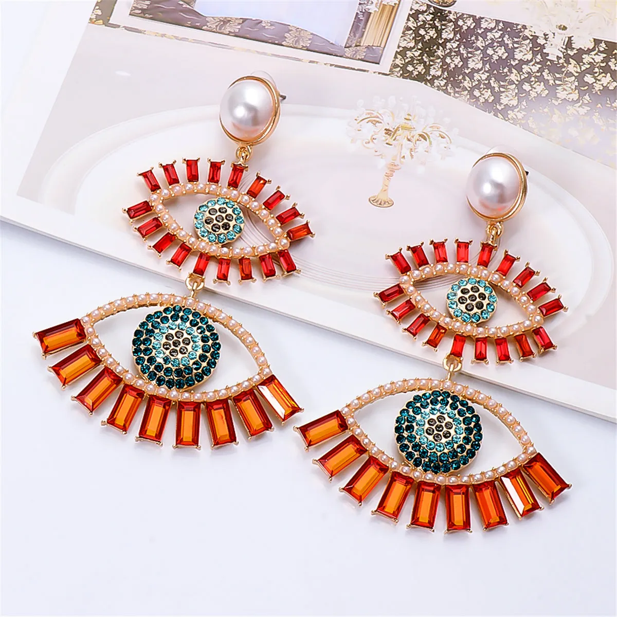 Red Crystal & Cubic Zirconia Evil Eye Drop Earrings