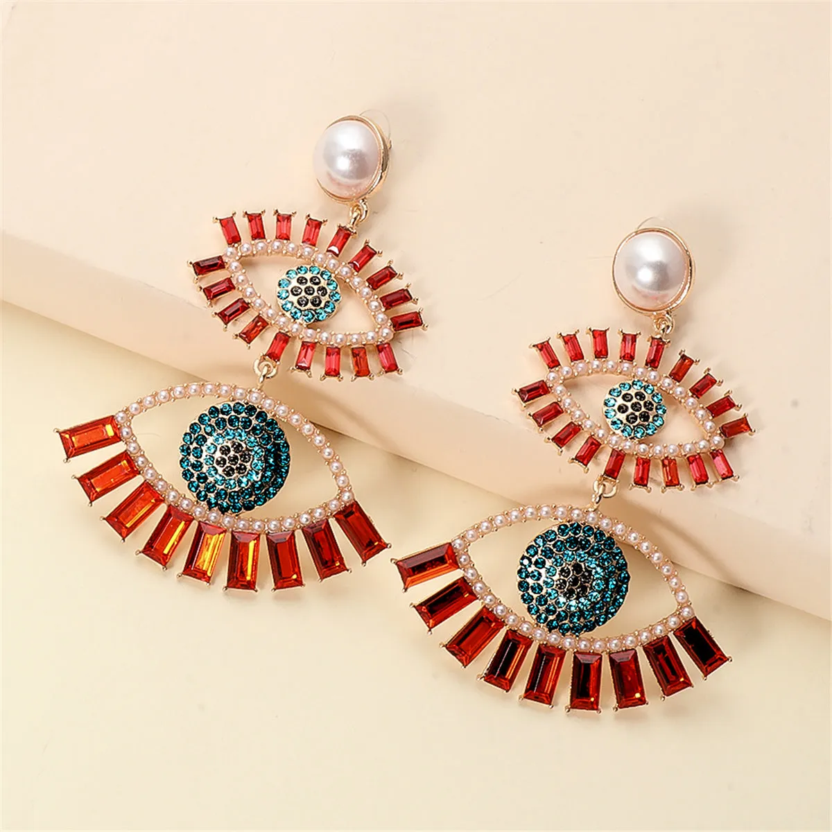Red Crystal & Cubic Zirconia Evil Eye Drop Earrings