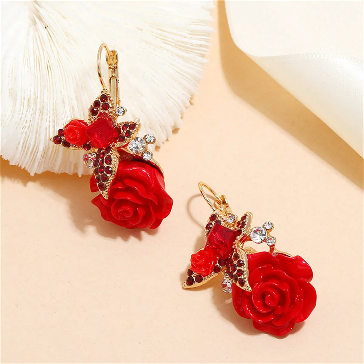 Red Crystal & Cubic Zirconia Flower Drop Earrings