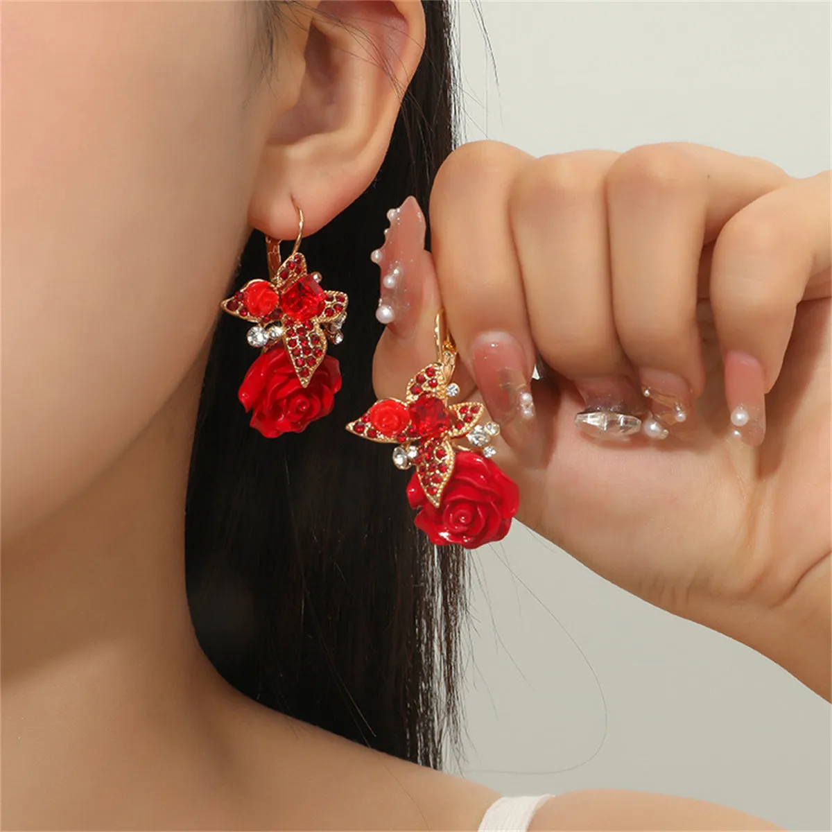 Red Crystal & Cubic Zirconia Flower Drop Earrings