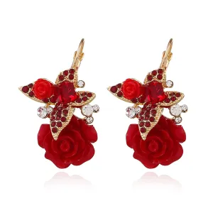 Red Crystal & Cubic Zirconia Flower Drop Earrings