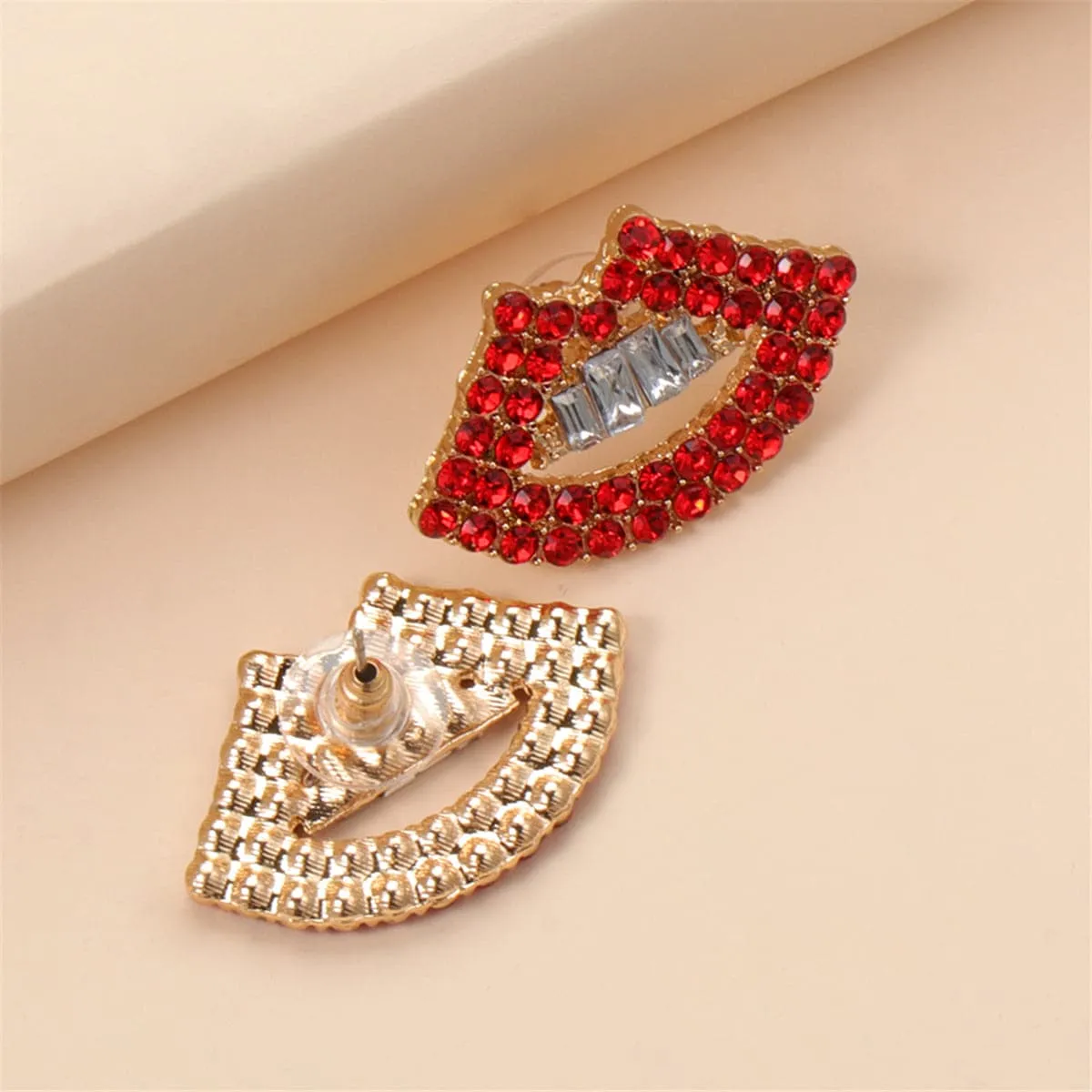 Red Cubic Zirconia & 18K Gold-Plated Lips Stud Earrings
