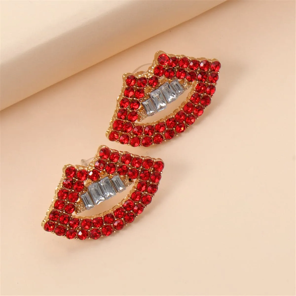 Red Cubic Zirconia & 18K Gold-Plated Lips Stud Earrings