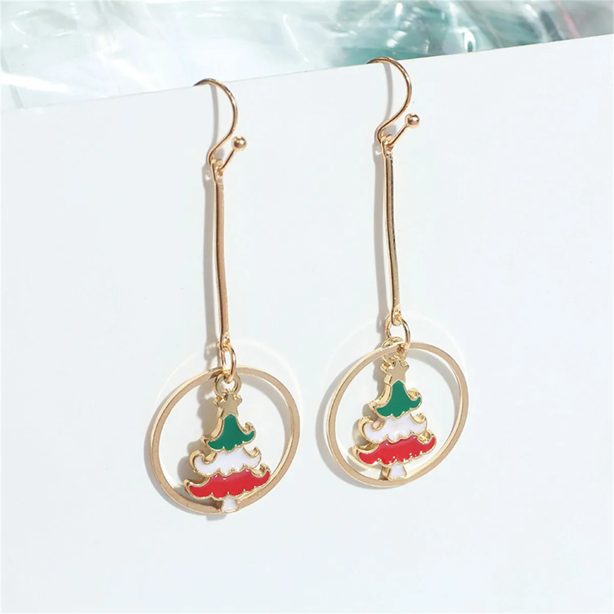Red Enamel & 18K Gold-Plated Christmas Tree Circle Drop Earrings