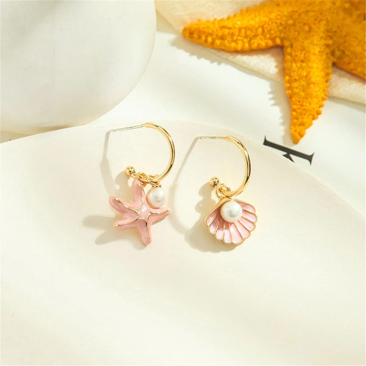 Red Enamel & Pearl 18K Gold-Plated Shell & Starfish Drop Earrings