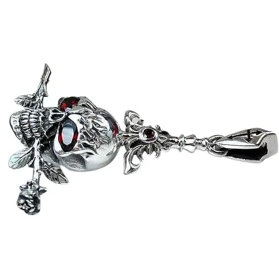 Red Garnet Eyes Flaming Skull and Rose Sterling Silver Pendant