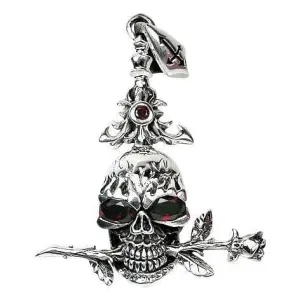 Red Garnet Eyes Flaming Skull and Rose Sterling Silver Pendant