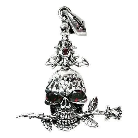 Red Garnet Eyes Flaming Skull and Rose Sterling Silver Pendant