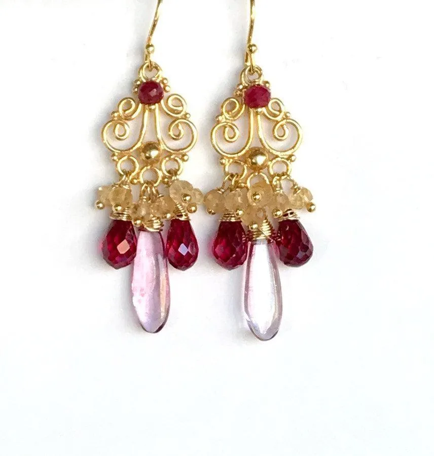 Red, Pink and Gold Wire Wrapped Earring