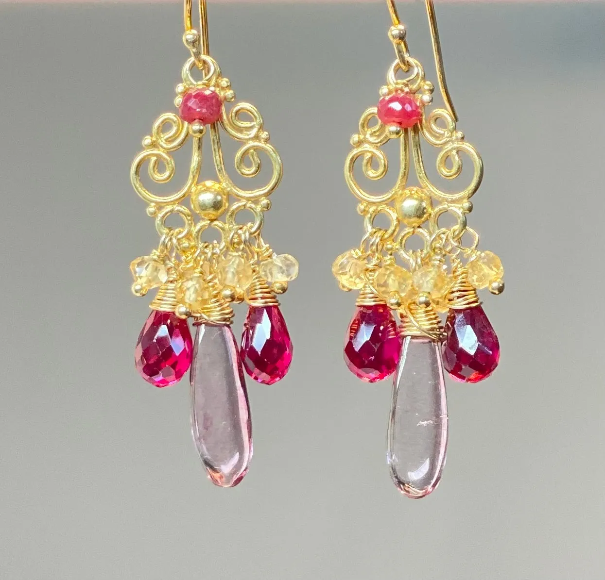 Red, Pink and Gold Wire Wrapped Earring