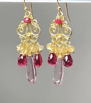 Red, Pink and Gold Wire Wrapped Earring