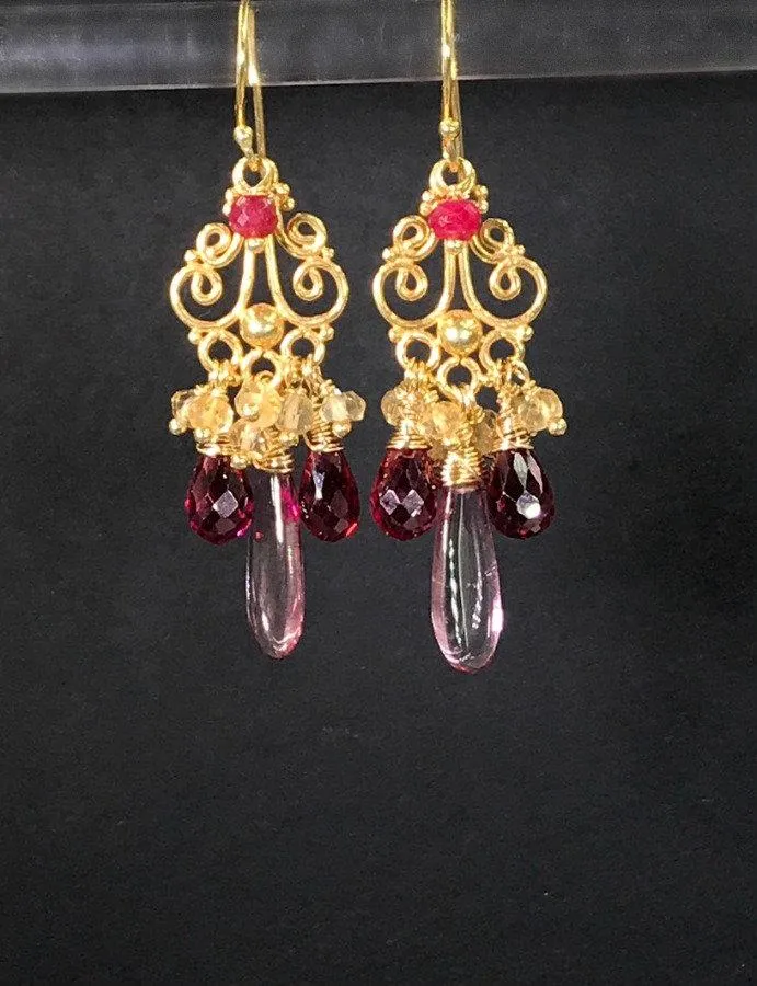 Red, Pink and Gold Wire Wrapped Earring