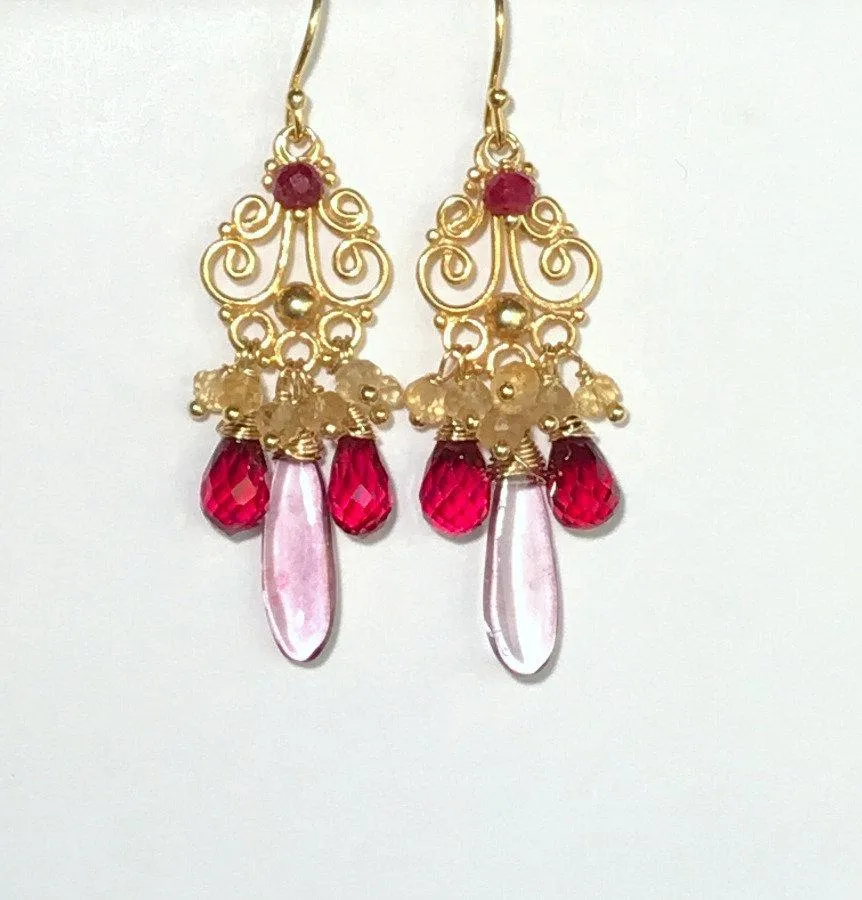 Red, Pink and Gold Wire Wrapped Earring