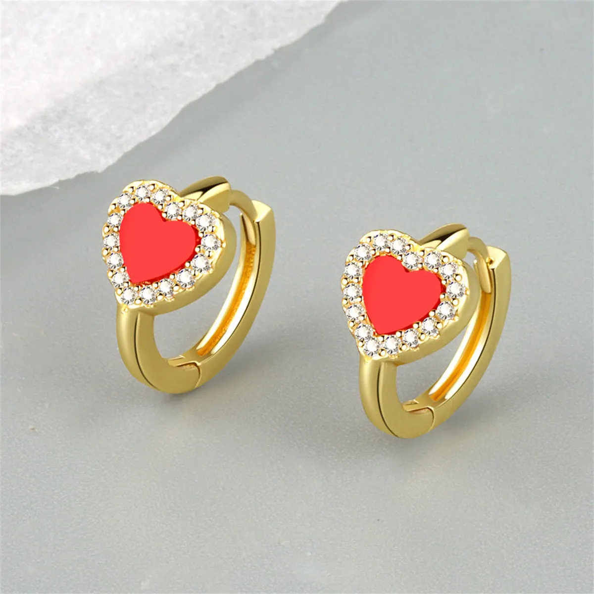 Red Shell & Cubic Zirconia Heart Huggie Earrings