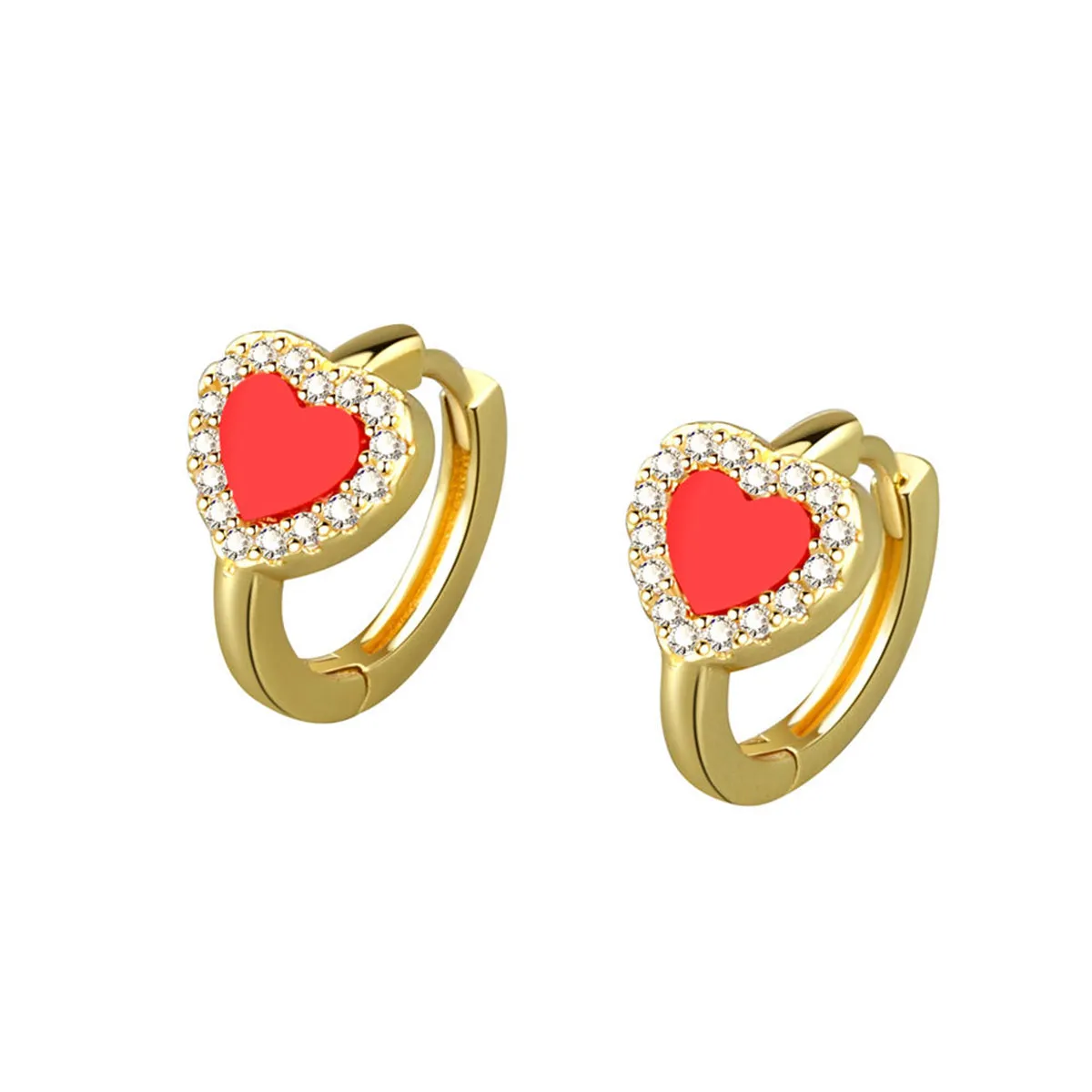 Red Shell & Cubic Zirconia Heart Huggie Earrings