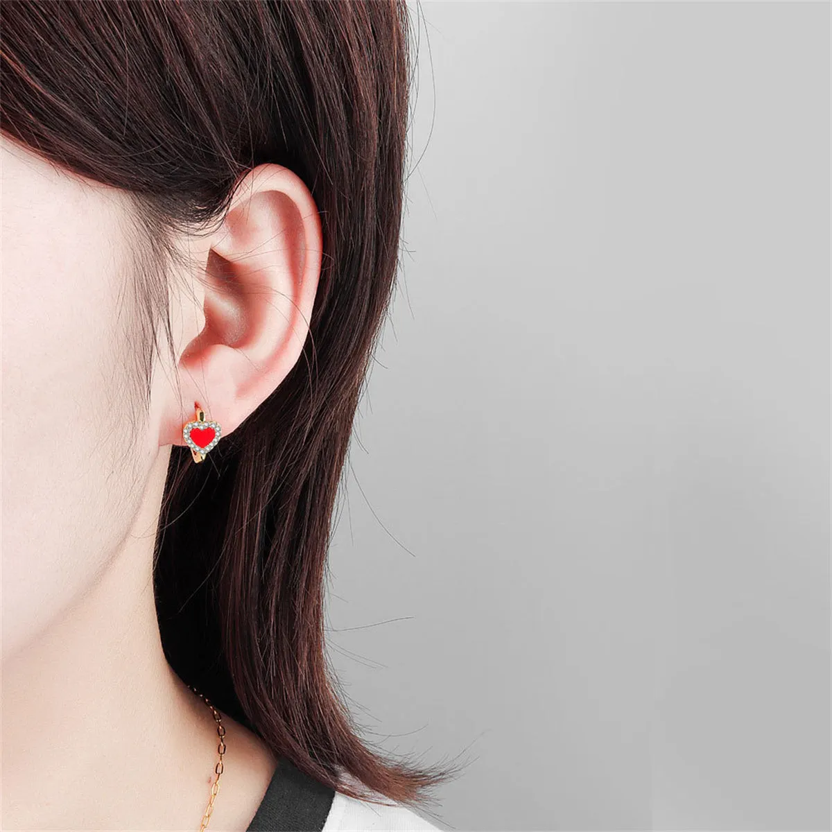 Red Shell & Cubic Zirconia Heart Huggie Earrings