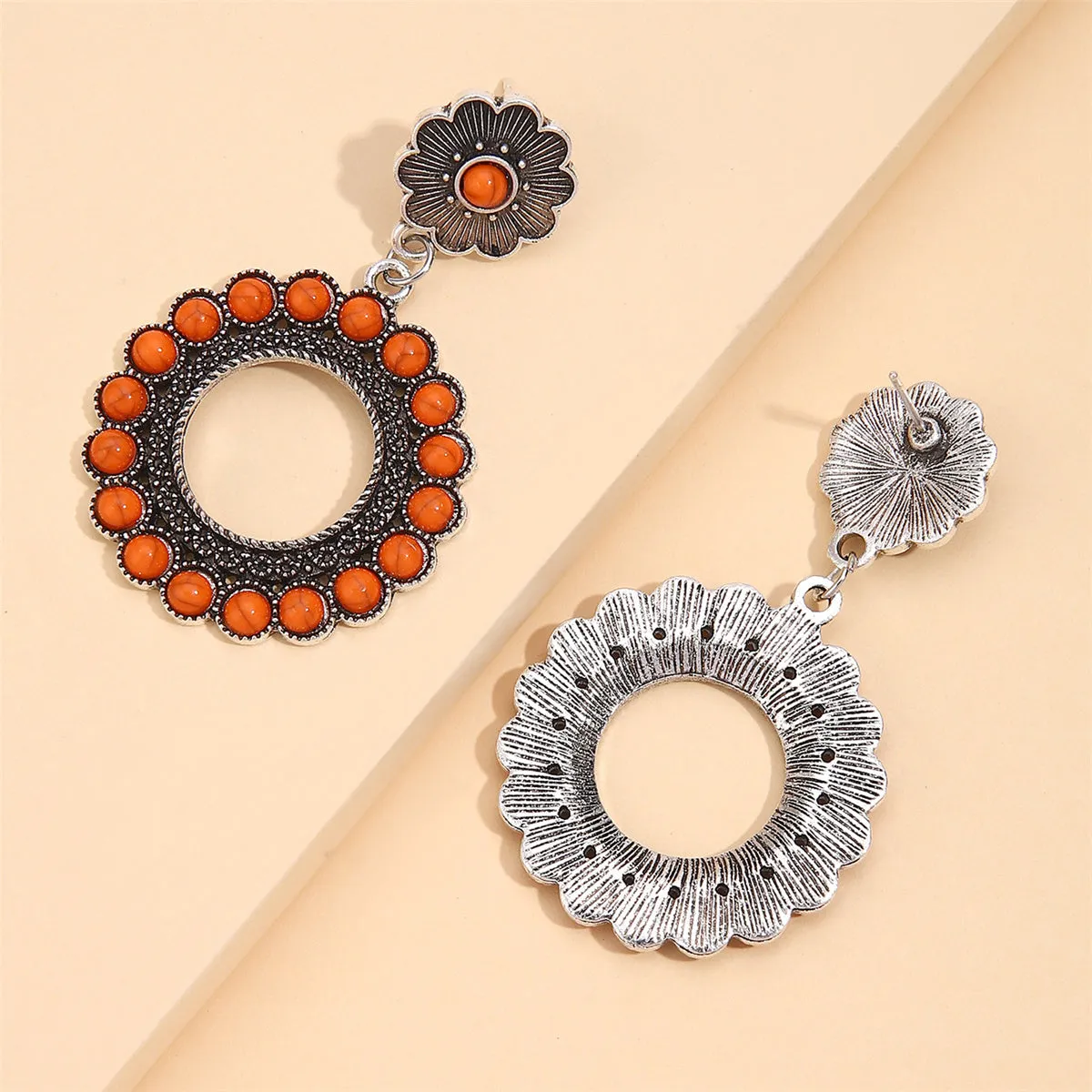 Red Turquoise & Silver-Plated Flower Drop Earrings