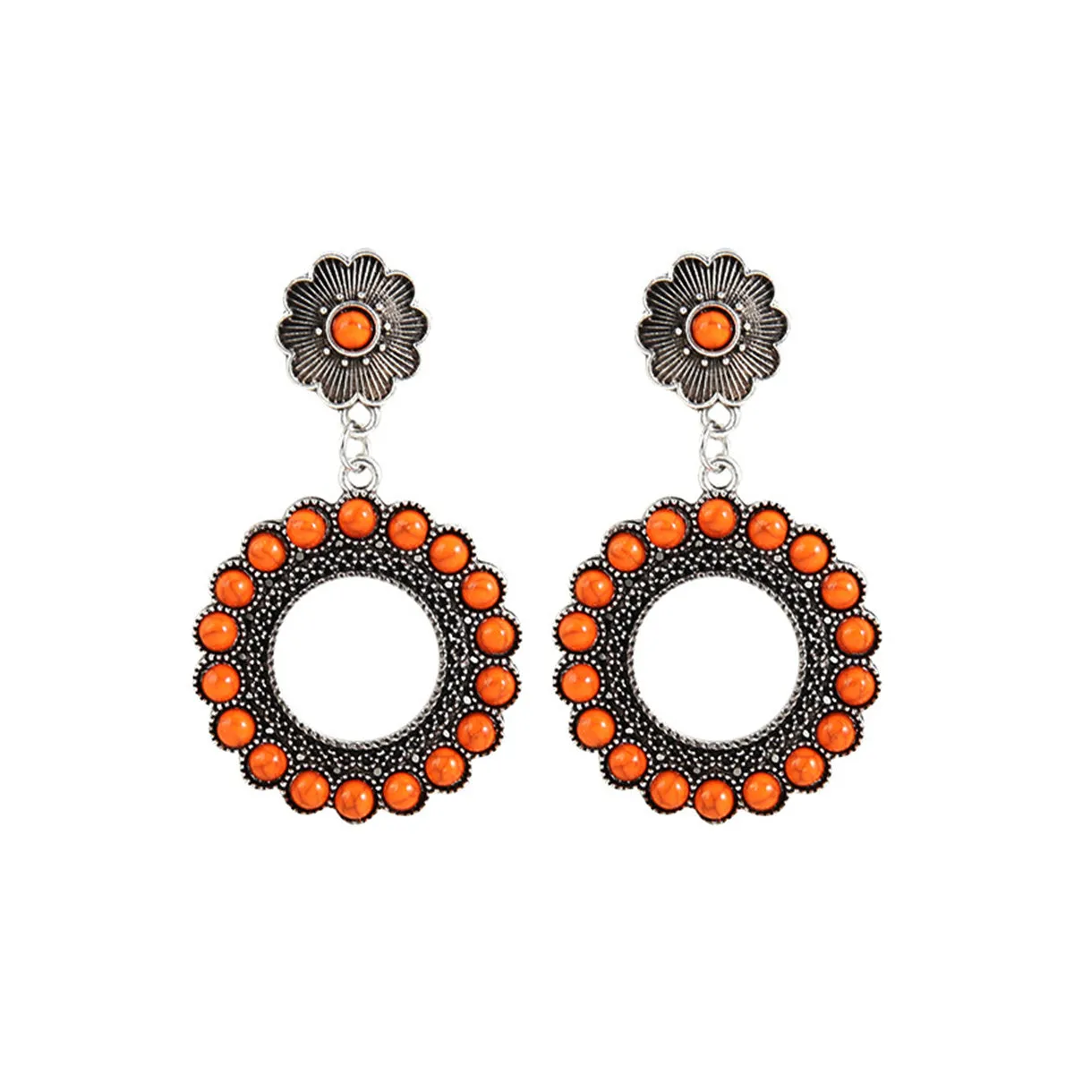 Red Turquoise & Silver-Plated Flower Drop Earrings