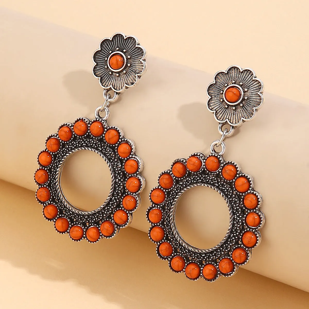 Red Turquoise & Silver-Plated Flower Drop Earrings