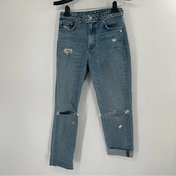 Reformation High Rise Cropped Cigarette Jeans in Medium Blue Savu Wash