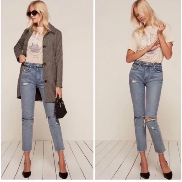 Reformation High Rise Cropped Cigarette Jeans in Medium Blue Savu Wash