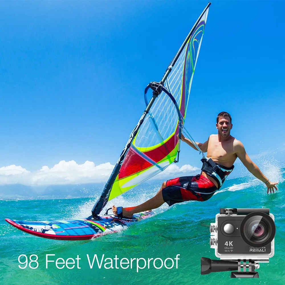 REMALI CaptureCam 4K Ultra HD and 12MP Waterproof Sports Action Camera Kit with Carrying Case, 3 Batteries, Dual Battery Charger, 2” LCD Screen, WiFi, Remote Control, and 21 Mounts and Accessories