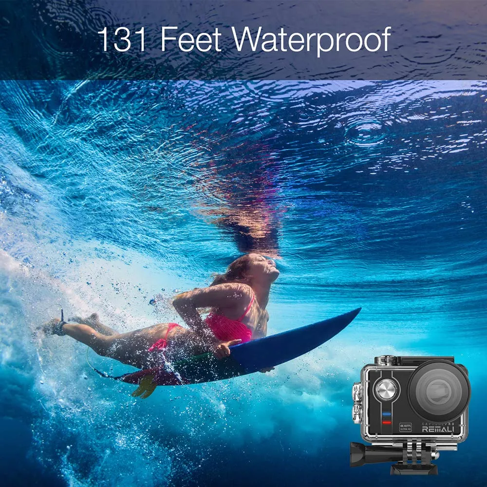 REMALI CapturePro 4K/60fps 20MP Waterproof Sports Action Camera Kit with Carrying Case   3 Batteries, WiFi, 2" Touch Screen, 8X Zoom, Slow/Fast Motion, Remote/Voice Control, EIS, Distortion Correction