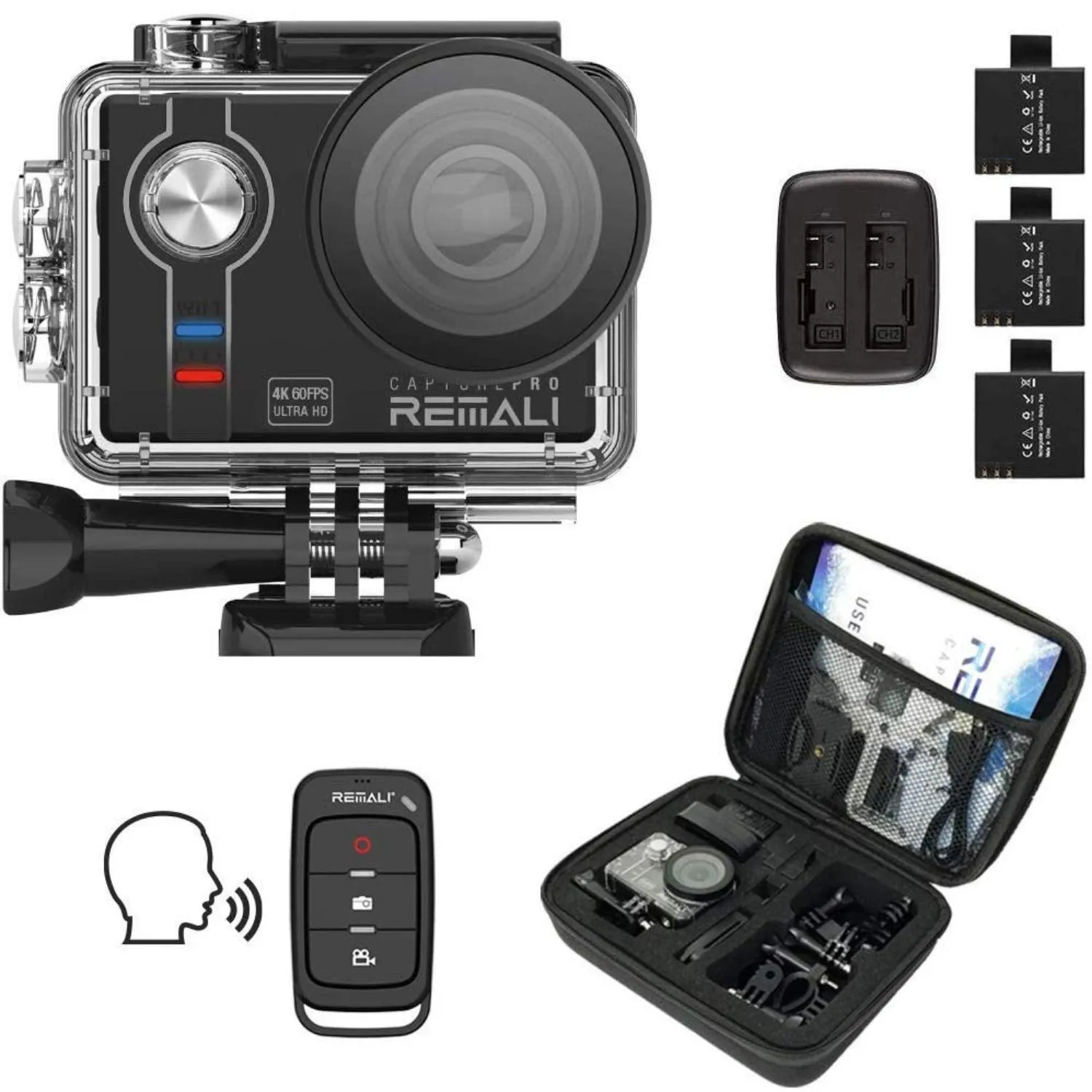 REMALI CapturePro 4K/60fps 20MP Waterproof Sports Action Camera Kit with Carrying Case   3 Batteries, WiFi, 2" Touch Screen, 8X Zoom, Slow/Fast Motion, Remote/Voice Control, EIS, Distortion Correction