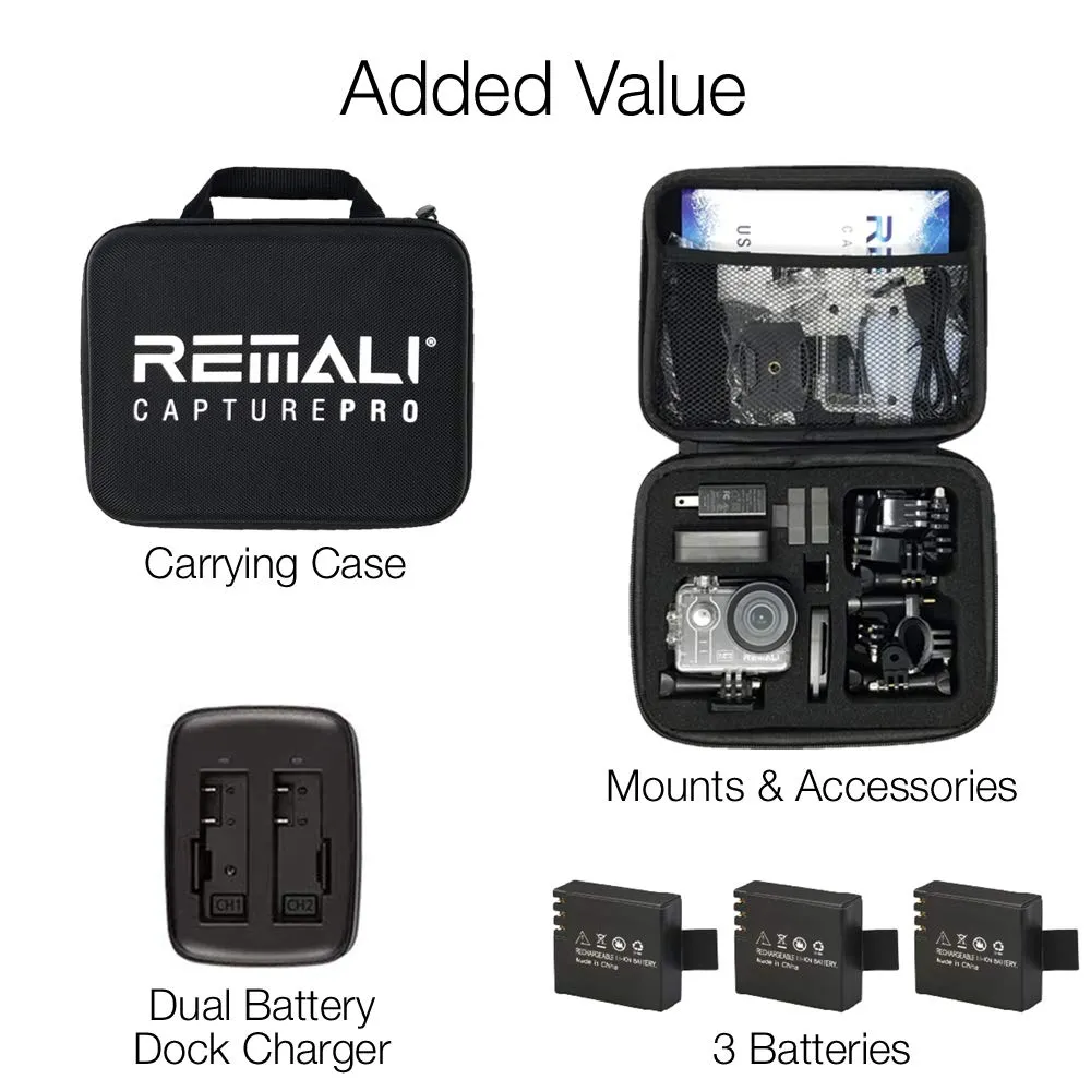REMALI CapturePro 4K/60fps 20MP Waterproof Sports Action Camera Kit with Carrying Case   3 Batteries, WiFi, 2" Touch Screen, 8X Zoom, Slow/Fast Motion, Remote/Voice Control, EIS, Distortion Correction