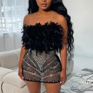 Rhinestone Feather Detailed Bodycon Dress