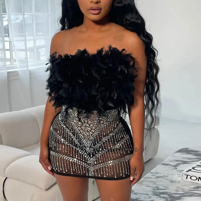Rhinestone Feather Detailed Bodycon Dress