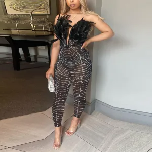 Rhinestone Sheer Mesh Feather Detailed Jumpsuit