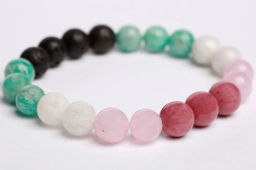 Rhodonite beads   Rose quartz   Amazonite   Moonstone   Lava beads