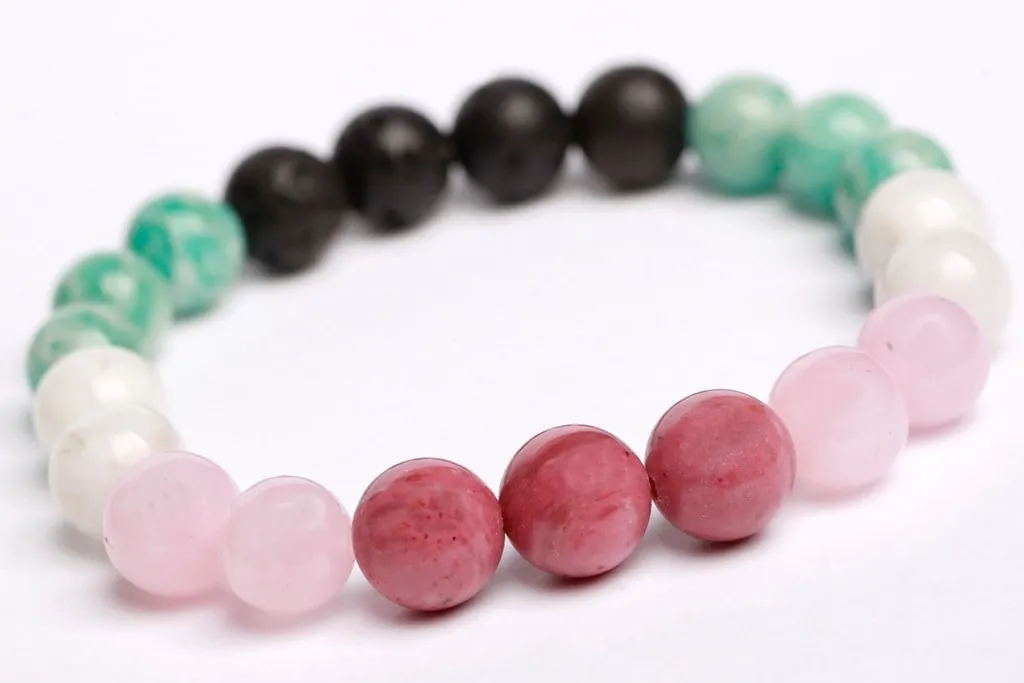 Rhodonite beads   Rose quartz   Amazonite   Moonstone   Lava beads