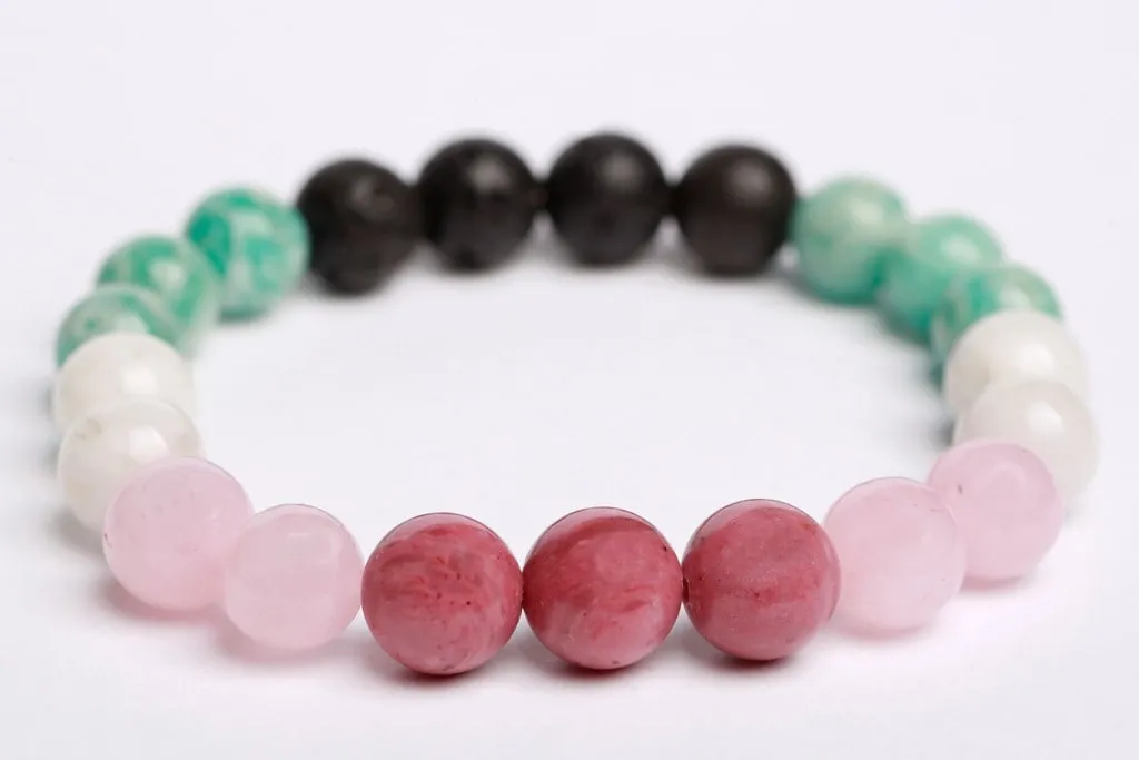 Rhodonite beads   Rose quartz   Amazonite   Moonstone   Lava beads