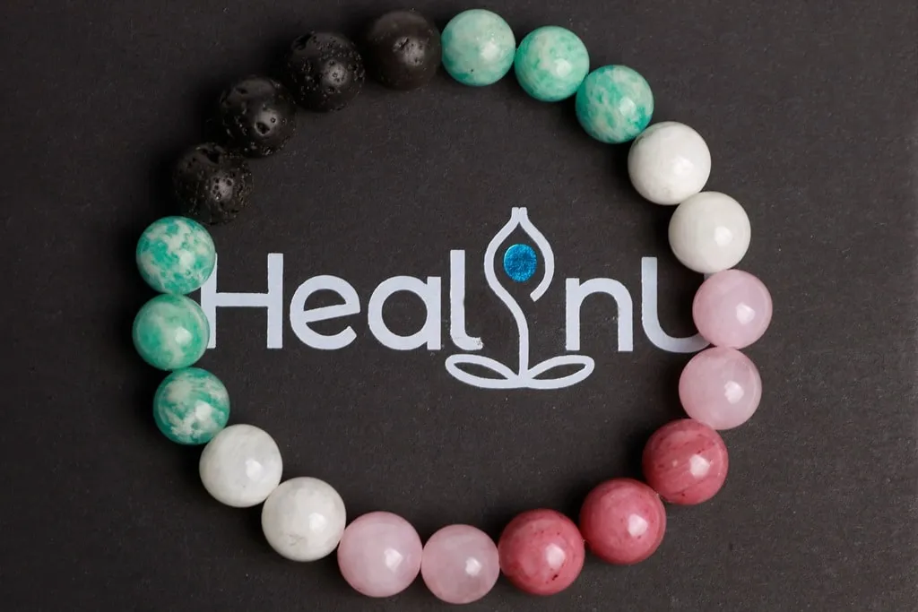 Rhodonite beads   Rose quartz   Amazonite   Moonstone   Lava beads