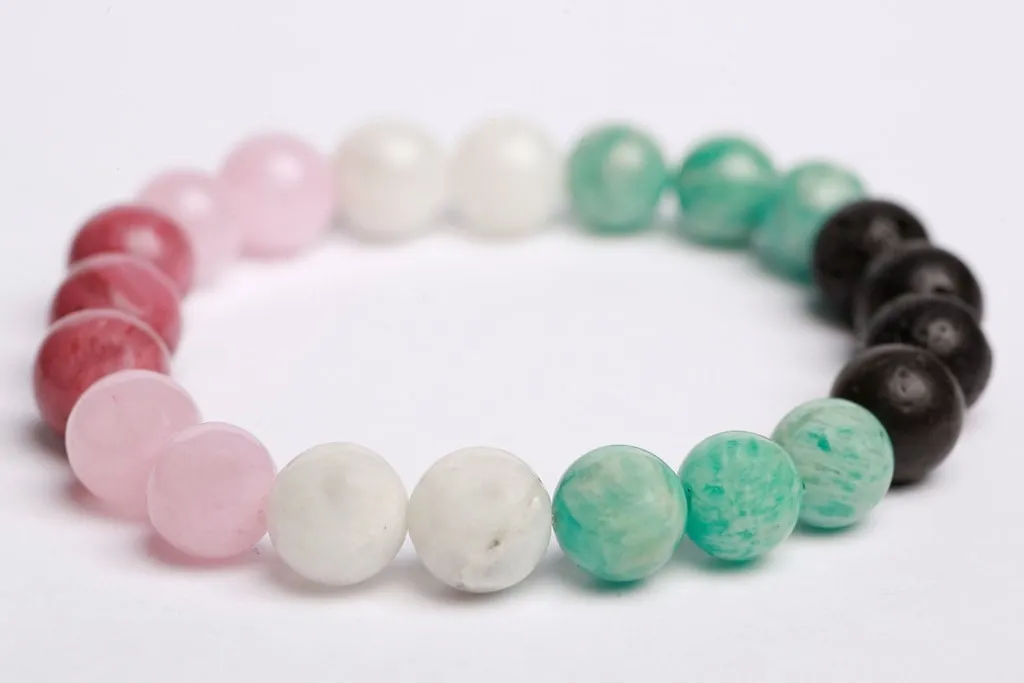 Rhodonite beads   Rose quartz   Amazonite   Moonstone   Lava beads