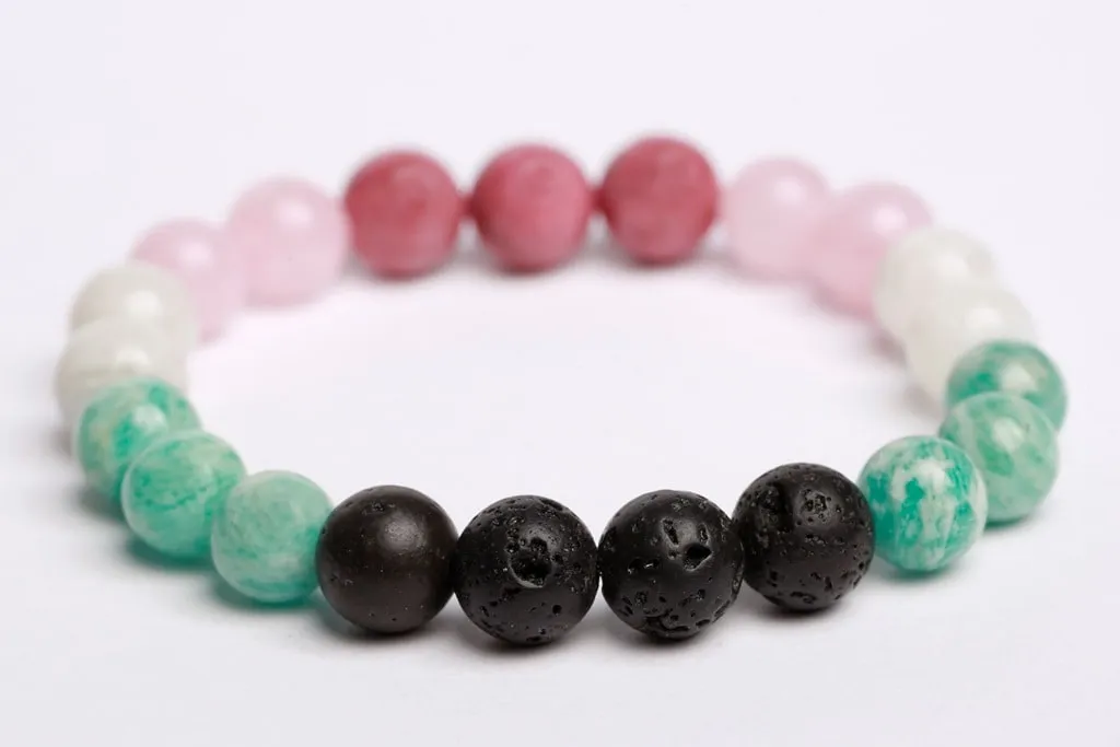 Rhodonite beads   Rose quartz   Amazonite   Moonstone   Lava beads