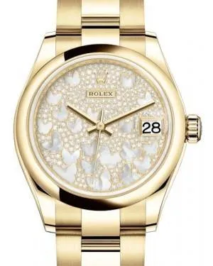 Rolex Datejust 31 Lady Midsize Yellow Gold Diamond Pave Mother of Pearl Butterfly Dial & Smooth Domed Bezel Oyster Bracelet 278248