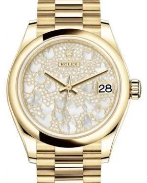 Rolex Datejust 31 Lady Midsize Yellow Gold Diamond Pave Mother of Pearl Butterfly Dial & Smooth Domed Bezel President Bracelet 278248