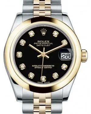 Rolex Datejust 31 Lady Midsize Yellow Gold/Steel Black Diamond Dial & Smooth Domed Bezel Jubilee Bracelet 178243