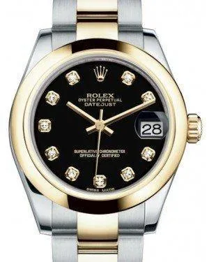 Rolex Datejust 31 Lady Midsize Yellow Gold/Steel Black Diamond Dial & Smooth Domed Bezel Oyster Bracelet 178243